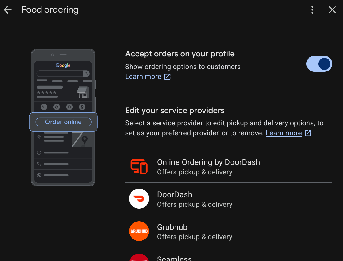 Google food ordering panel with Order, Call and Directions and a provider list