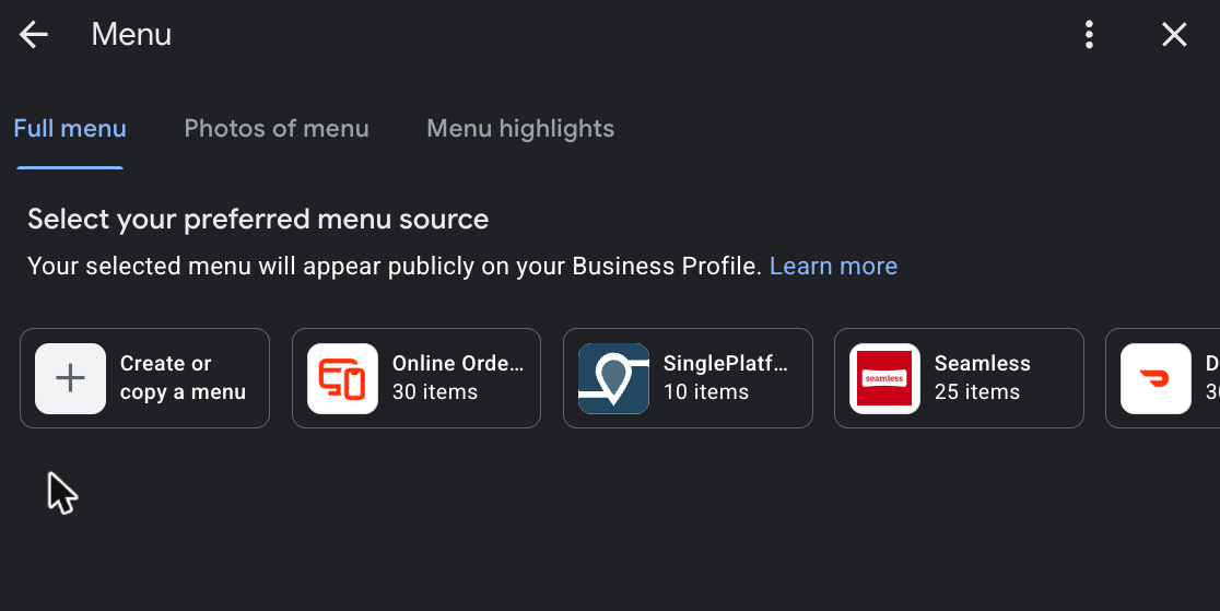 Google menu source picker with several menu sources