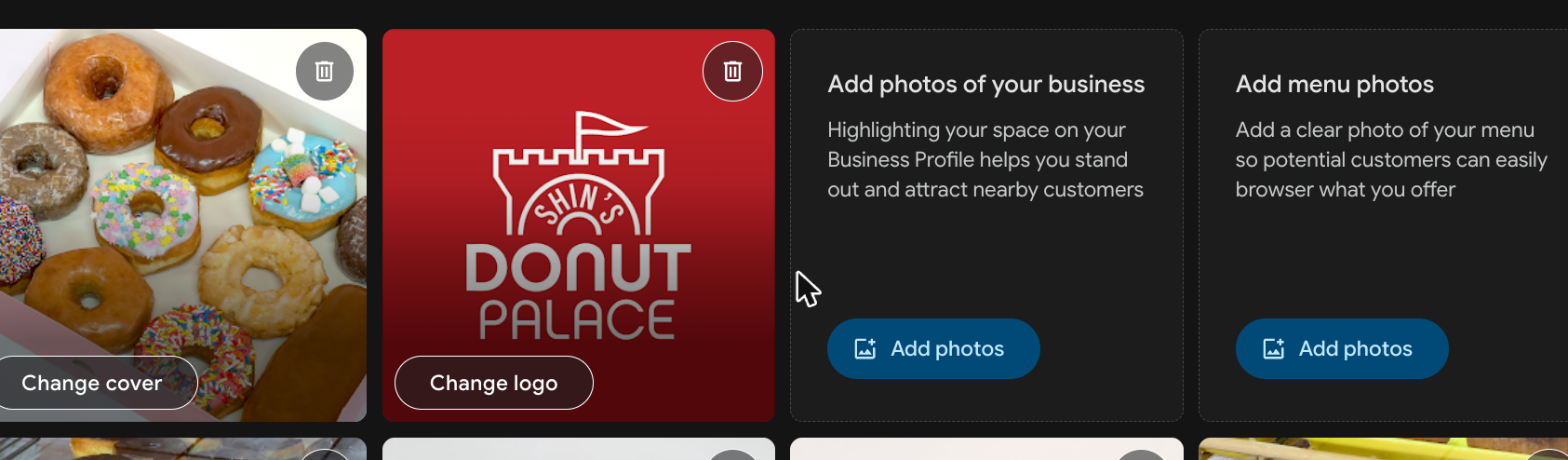 Google photos grid with product shots plus prompts to add business and menu photos