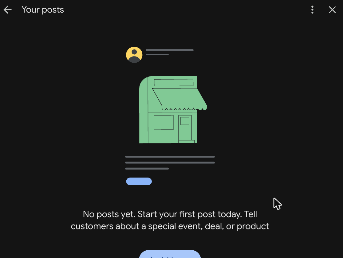 Google posts panel showing No posts yet