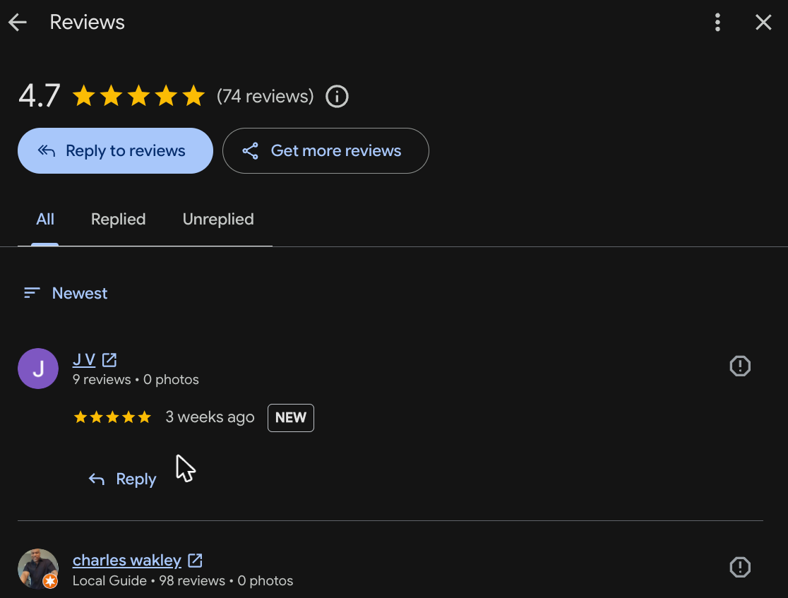 Google reviews panel with All, Replied and Unreplied tabs and no owner replies