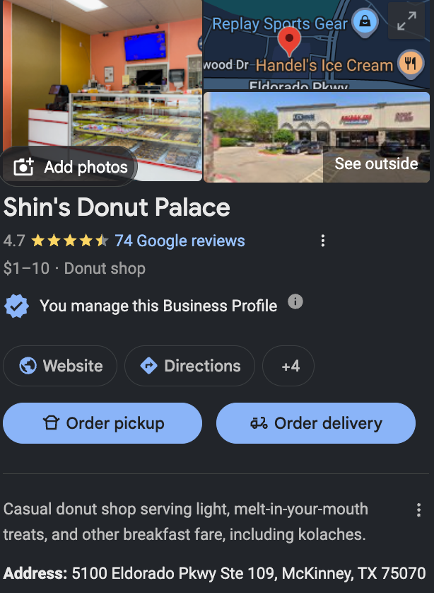 Shin's Donut Palace public Google Business Profile with photos, 4.7 stars and order buttons