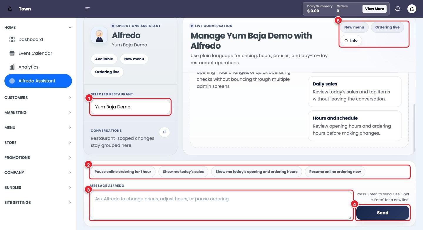 Alfredo. Pick the restaurant, then type or tap a quick action.