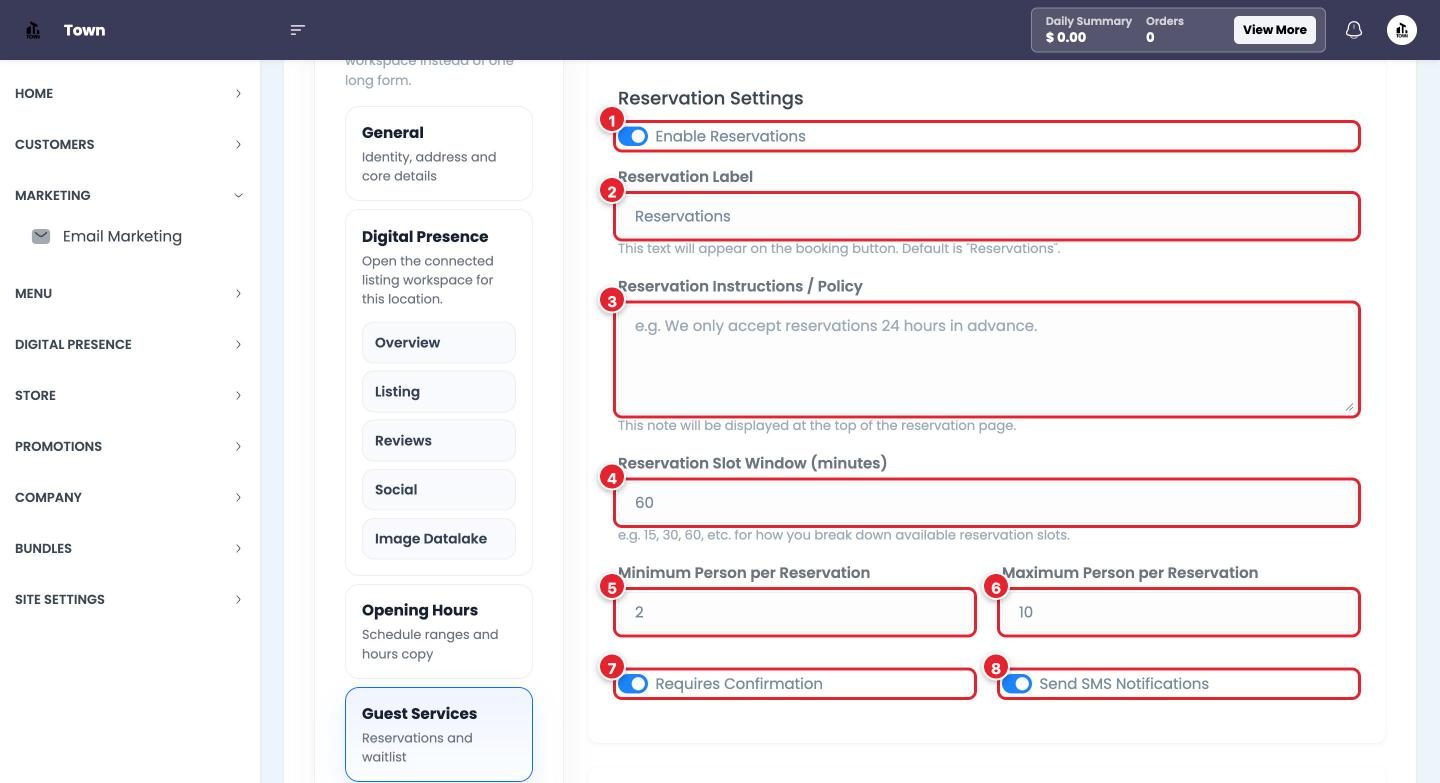 Reservation Settings in Guest Services.