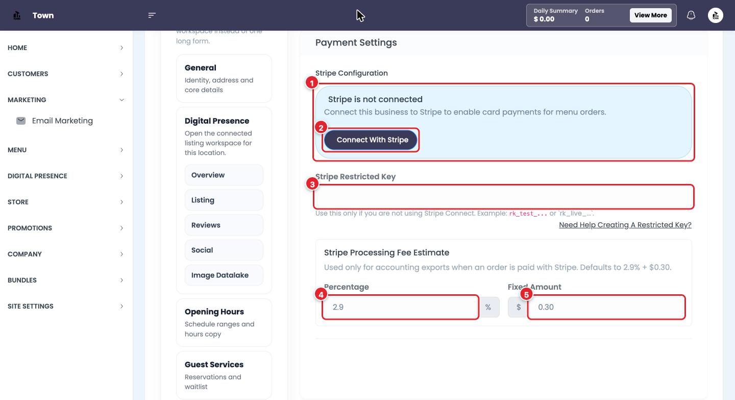 Payment Settings before Stripe is connected.