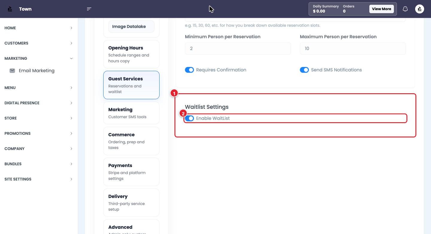 Waitlist Settings in Guest Services.