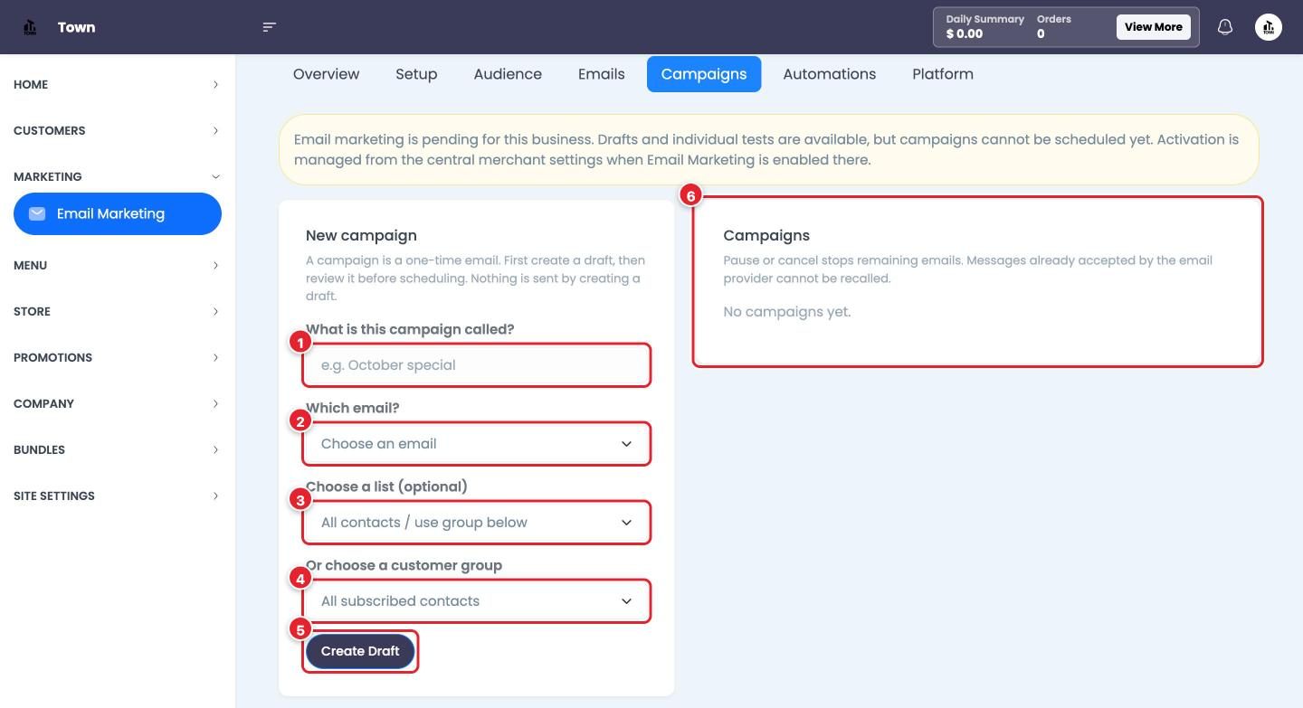 New campaign on the left, your campaigns on the right.