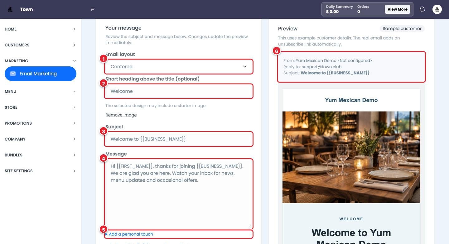 Your message on the left, a live preview on the right.