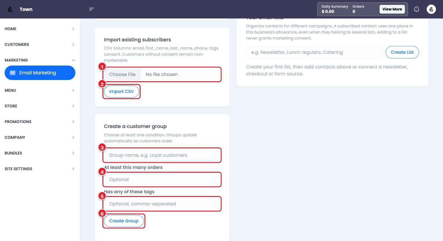 Import subscribers and create a customer group.