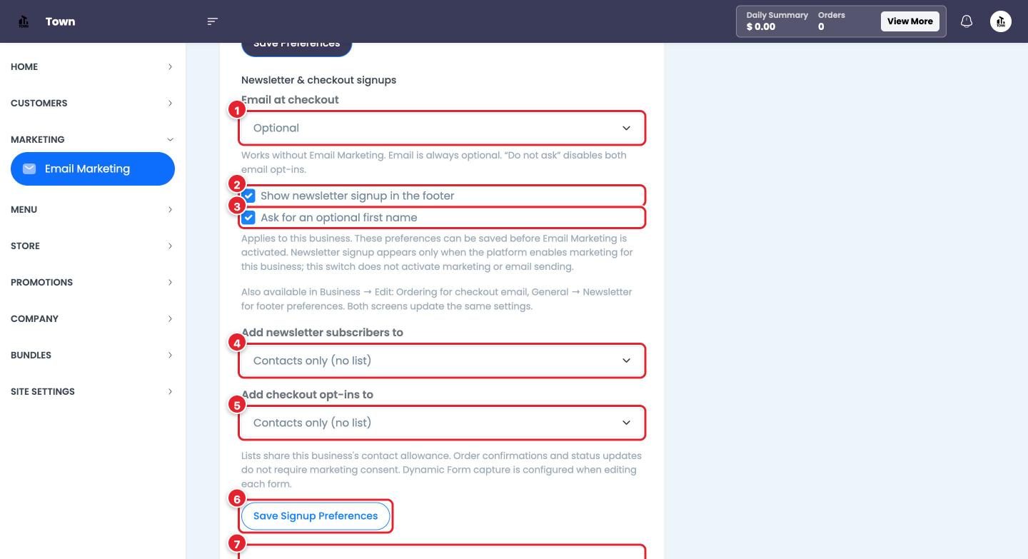 Newsletter & checkout signups, further down the Setup tab.