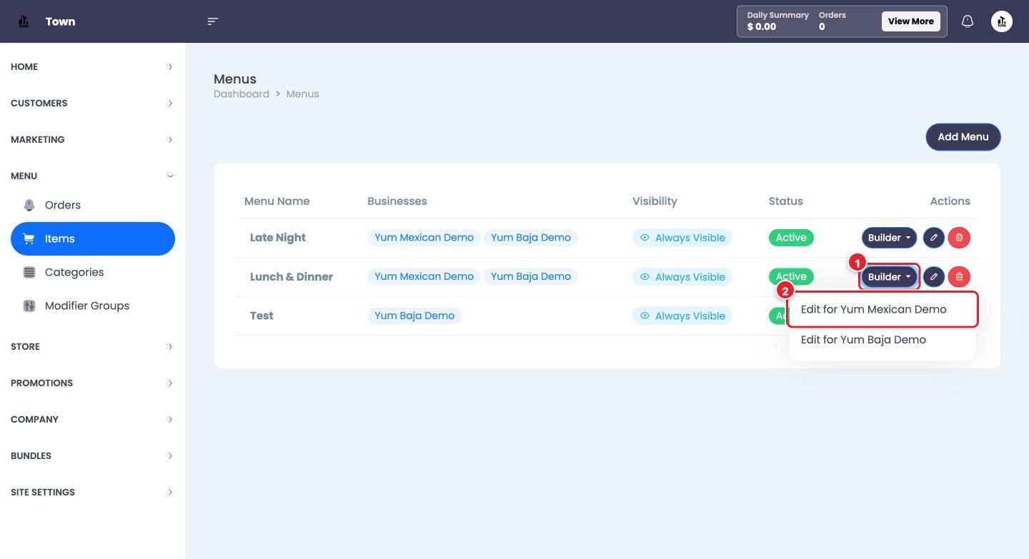 Each menu has a Builder per location.