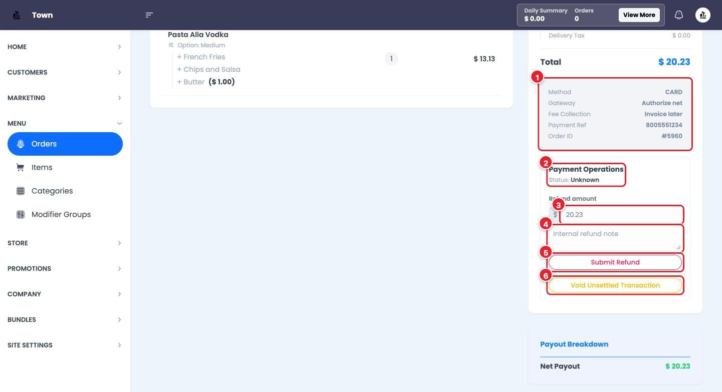 Payment Operations on the order, below the total.