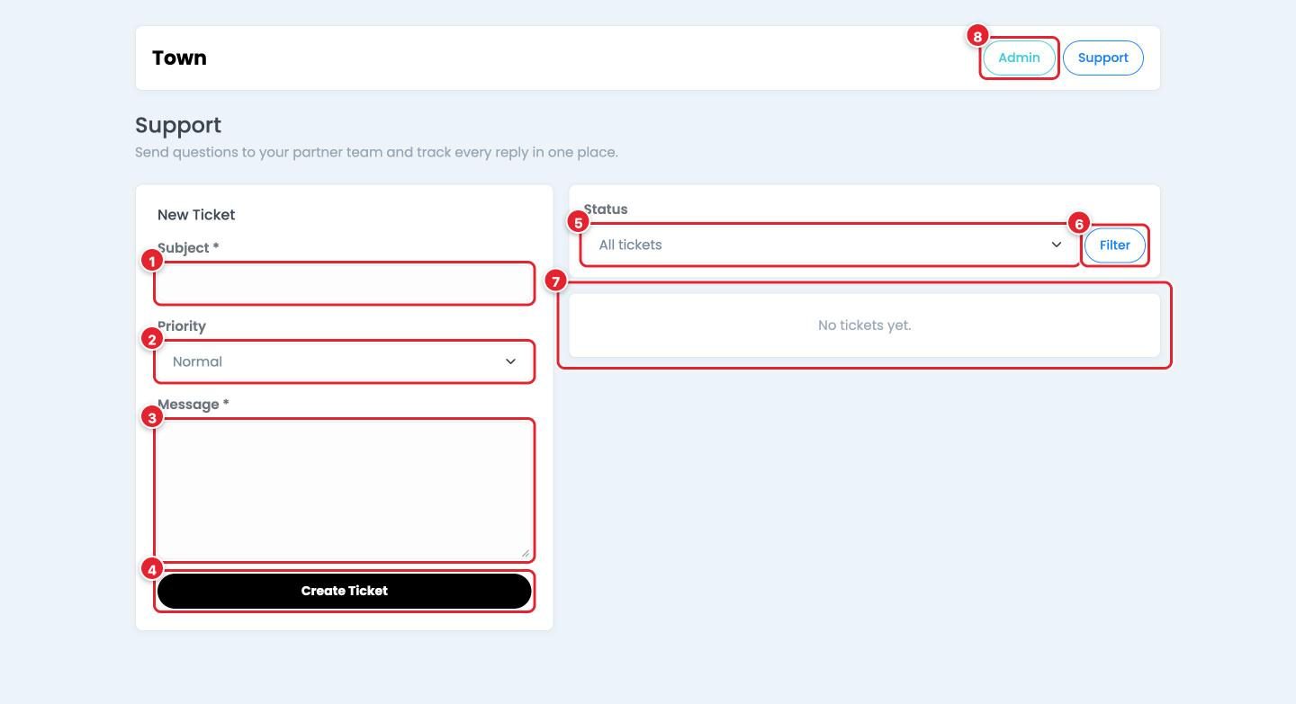The support portal. New tickets on the left, your tickets and replies on the right.
