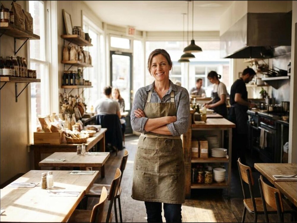 A restaurant owner behind the counter