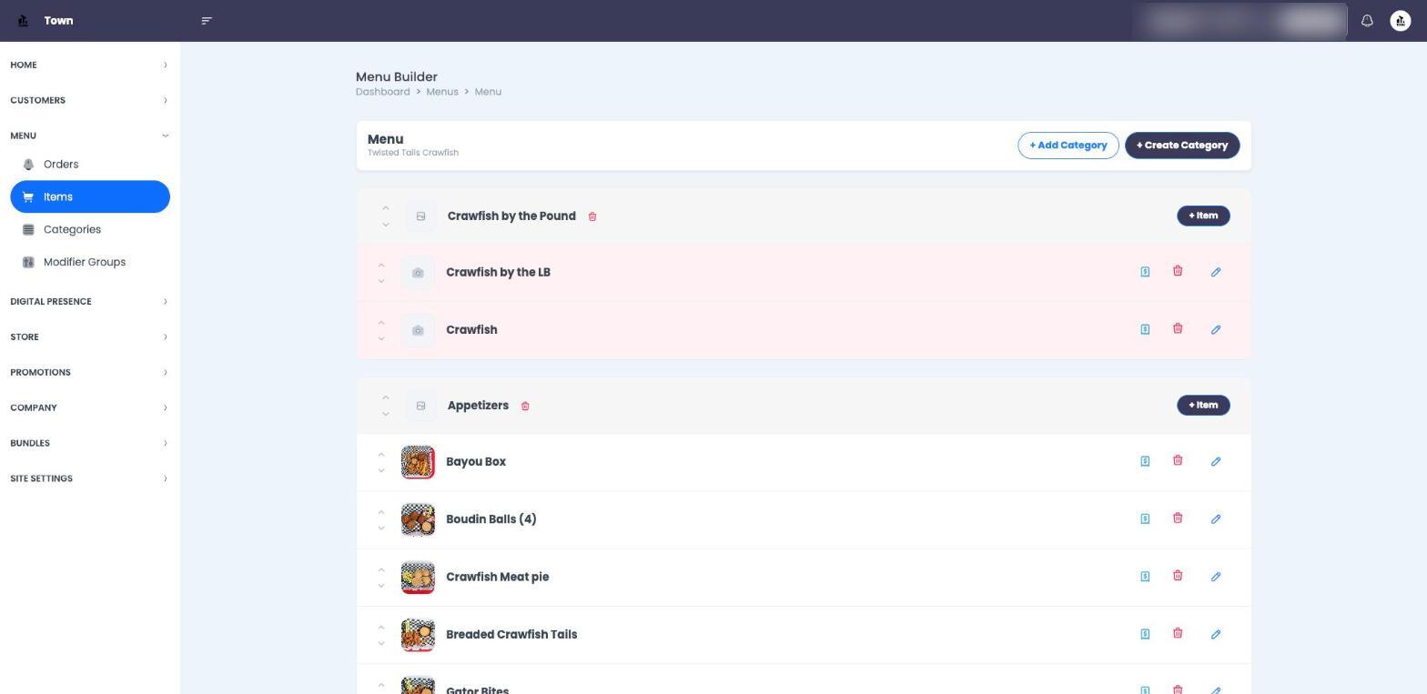 A structured, readable online menu on Town