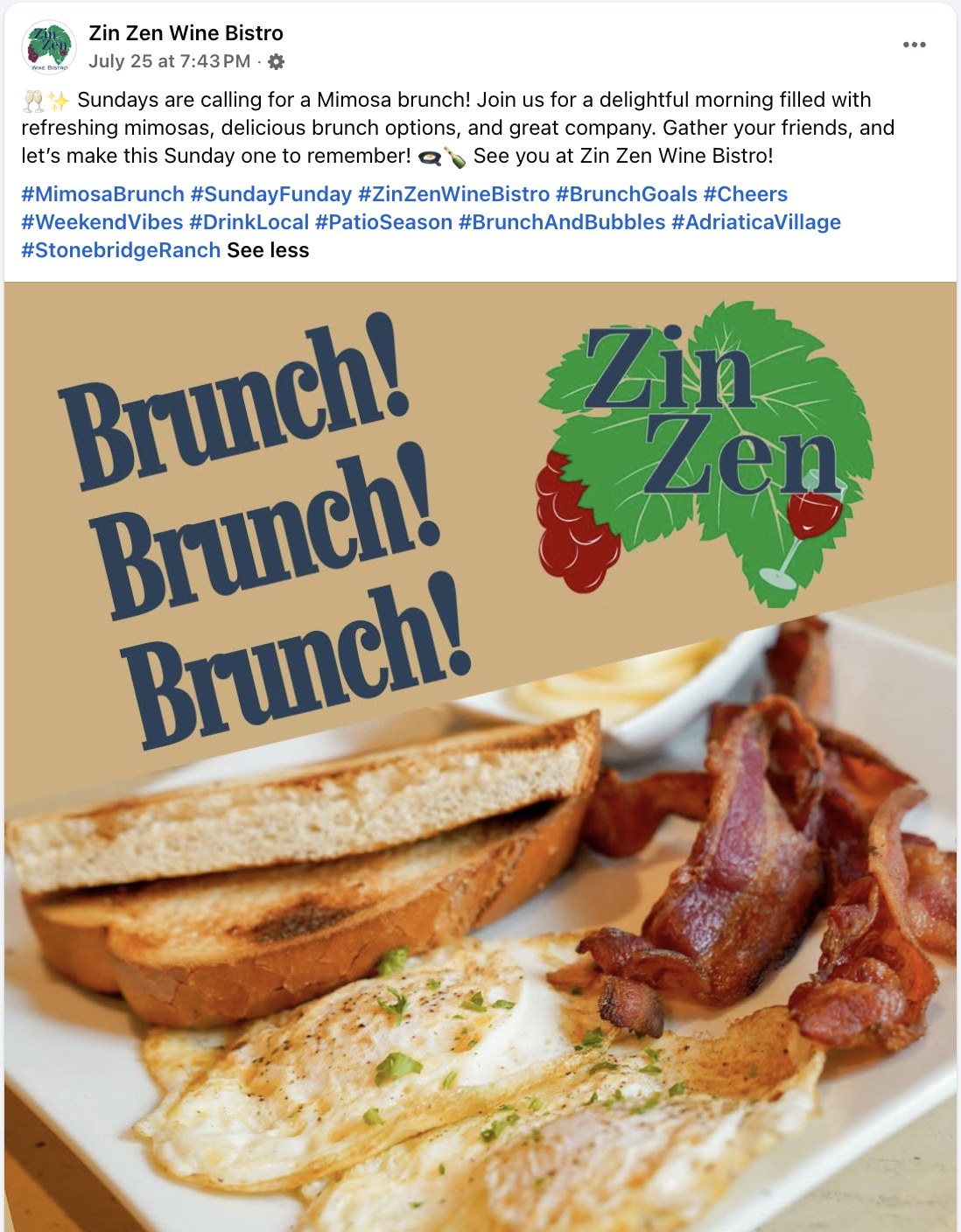 Facebook post Town published for Zin Zen Wine Bistro
